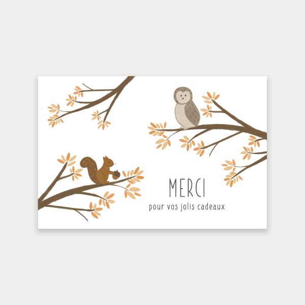 carte de remerciement de naissance d'automne avec hibou et écureuil