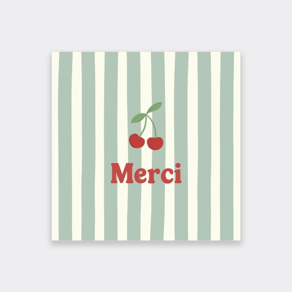 carte de remercient avec un dessin de cerise sur fond rayé