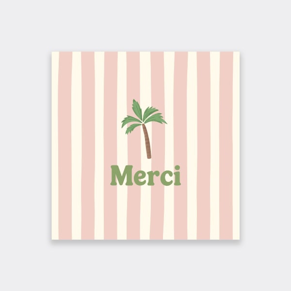 carte de remercient avec un dessin de palmier sur fond rayé