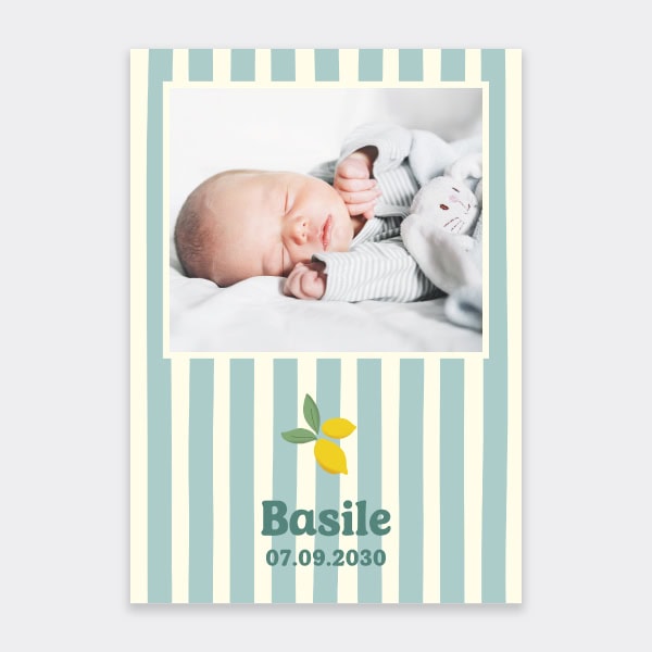 faire part de naissance avec une photo et un dessin de citron sur fond rayé
